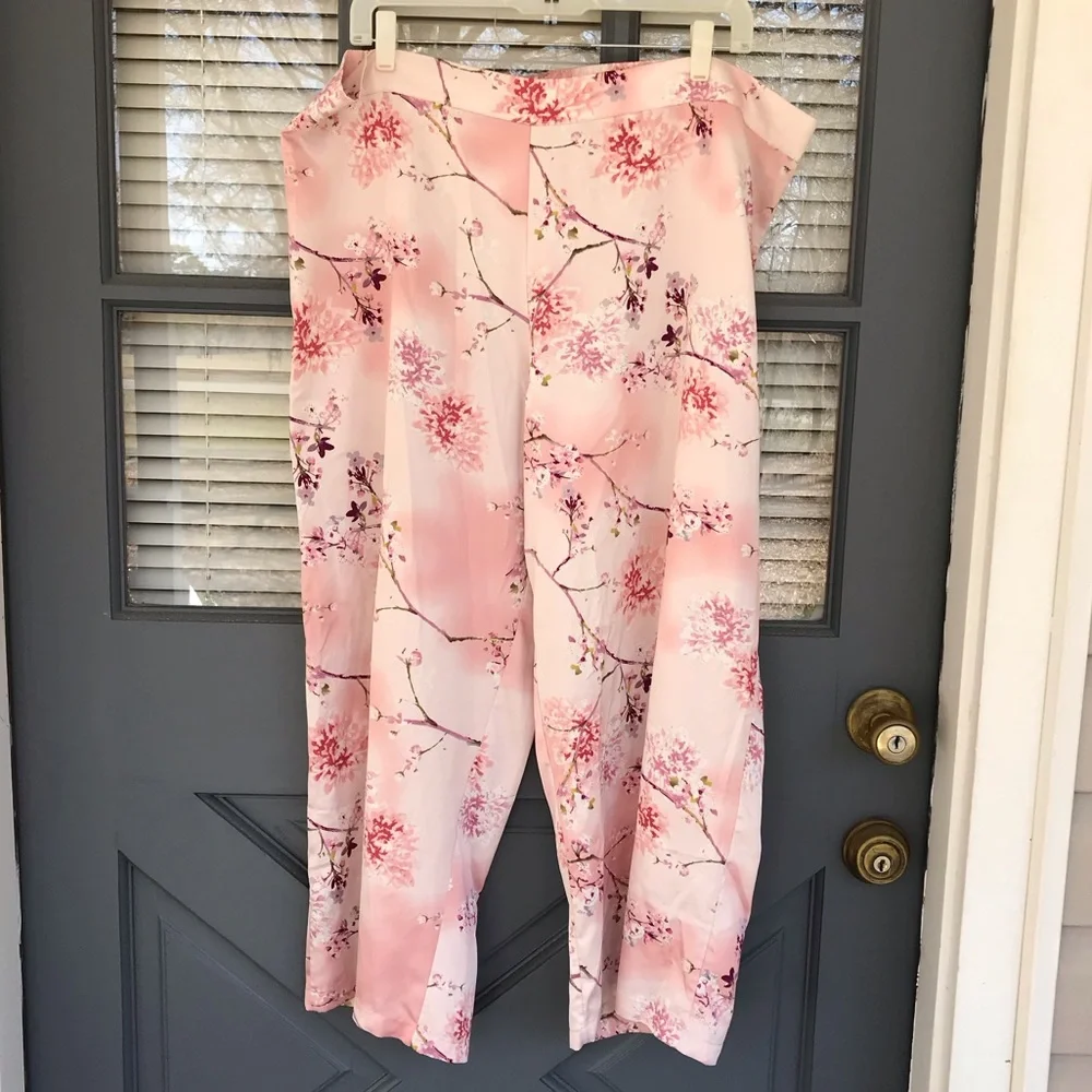 Jones New York Pink Floral Cherry Blossom Satin Pajama Lounge Pants Size XL - Picture 1 of 7